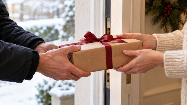 Hands exchanging a wrapped Christmas gift at a front door. Small business holiday delivery and customer service. Seasonal shopping and gift giving. Winter doorstep order handoff.