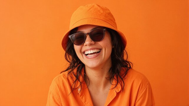 Bright orange bucket hat frames a smiling woman. Her dark sunglasses hide her eyes but not her joy. Wet curls tumble around her shoulders in a cheerful mess. She beams against a solid orange backdrop