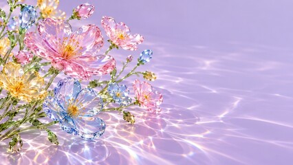Fototapeta premium Pink blue and yellow glass cosmos on a lavender surface with copy space
