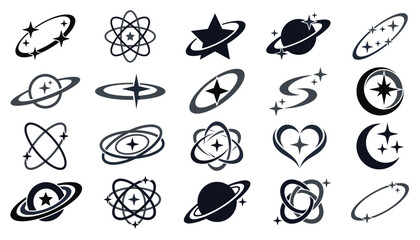 Abstract space logo set with orbital rings stars planets atoms and celestial elements for futuristic science technology or cosmic corporate branding © MdUzzel