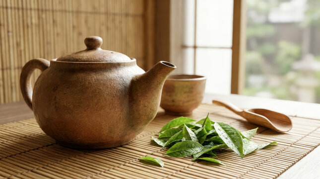 Traditional clay teapot and ceramic tea bowl with fresh camellia sinensis leaves on bamboo mat in serene japanese style room