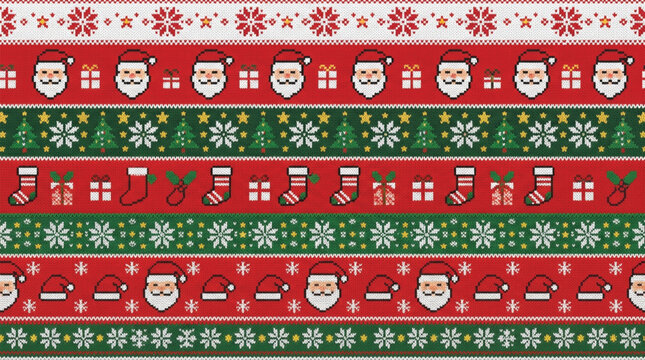 8 Bit Santa Christmas Sweater Pattern, Retro Pixel Holiday Icons With Snowflakes Hats Stockings And Presents, Seamless Vector Background On White