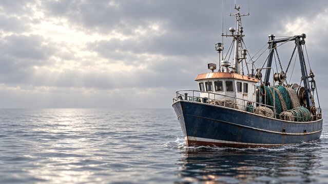 Weathered blue trawler with fishing gear beneath dramatic gray clouds