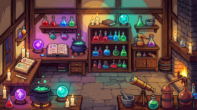 Pixel art alchemist laboratory interior featuring glowing potions and magical items on wooden shelves and tables