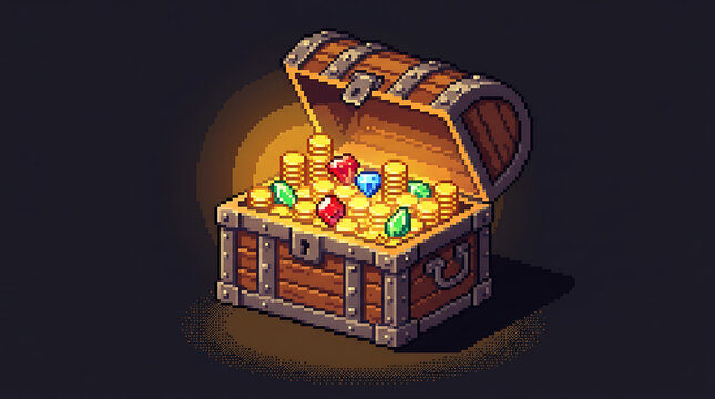 Open pixel art wooden chest filled with gold coins and sparkling gems