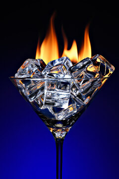 Ice cubes in a cocktail glass with flames behind, concept of hot and cold