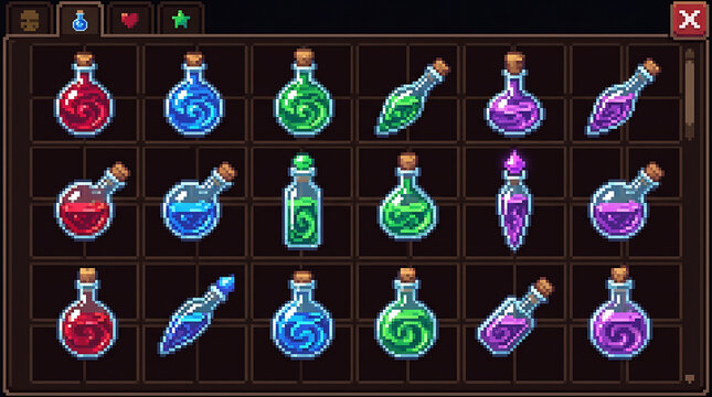 Pixel art inventory grid showing various colorful magic potion items
