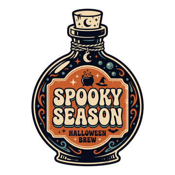 Spooky season retro potion bottle with magic brew label for halloween design