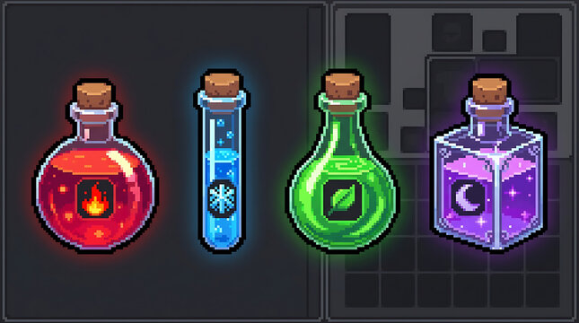 Pixel art magic potion bottles with fire ice leaf and moon symbols