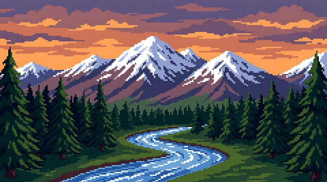 Pixel art landscape with snowy mountains and winding river at sunset