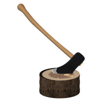 Axe stuck in a wooden chopping block stump with wood chips isolated on transparent background