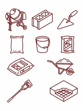 Construction and masonry tools icon set for building projects