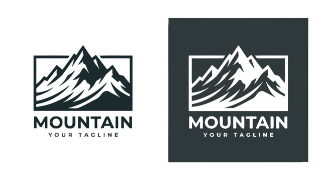 Mountain logo vector template featuring minimalist peaks inside a rectangular frame with bold modern typography