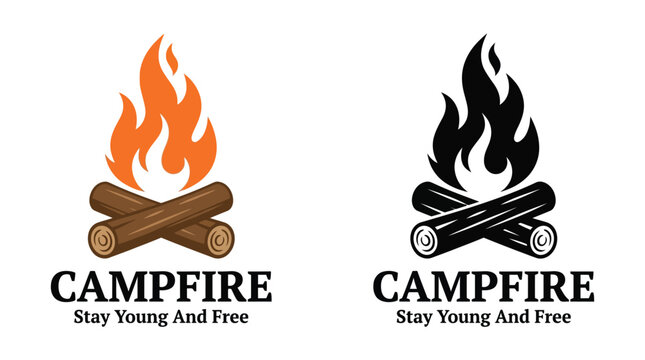 Vintage campfire logo featuring crossed wooden logs, bright orange flames, and bold typography below