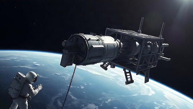 Astronauts approaching space station module in orbit, space exploration concept