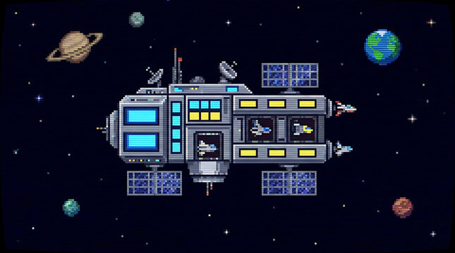 Pixel space station floating in dark galaxy with planets and stars