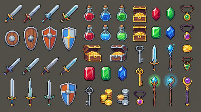 Set of pixel art fantasy game items featuring weapons and treasure
