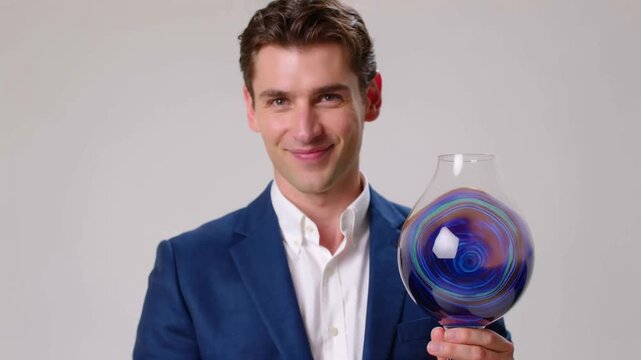 Charismatischer Kunsthandwerker mit gl&auml;sernem Kunstwerk