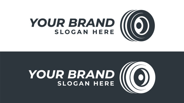 Creative tire logo design featuring modern geometric vector shapes displayed in black and white styles