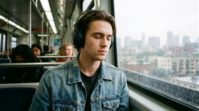 Young man listens to music on a rainy commute. Headphones hug his ears as he relaxes. Cityscape blurs through wet window glass. Passengers sit nearby, unaware of his calm