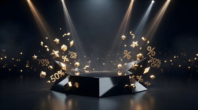Abstract background featuring floating golden discount percentage symbols and shopping icons illuminated by bright stage spotlights