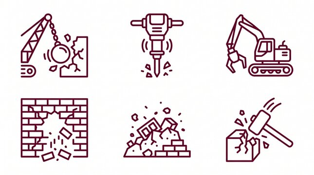 Set of construction demolition icons showing heavy machinery and