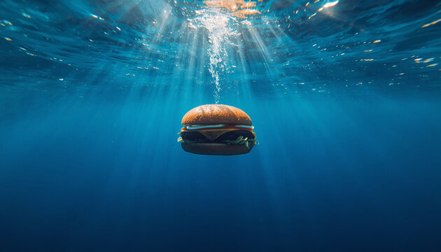 A single delicious burger sinking into deep blue water representing unique burger day ideas with fast food