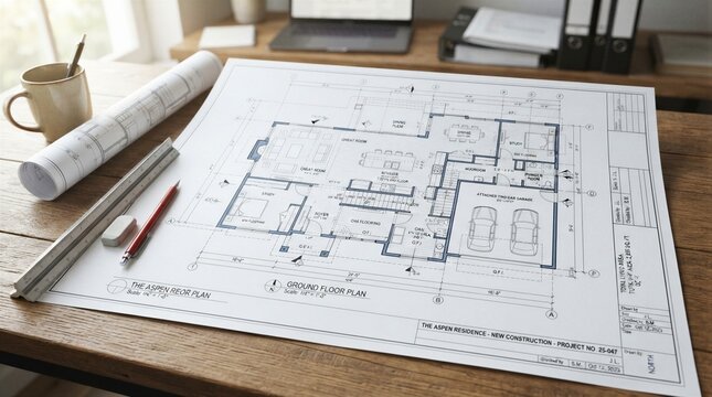Blueprint sprawls across a wooden desk. Pencil, ruler, and rolled plans rest nearby. Sunlight glows softly through the window. The workspace feels calm and professional. Ideal for architecture, design