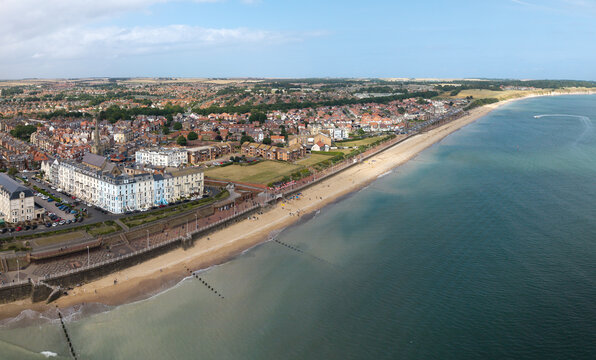 Aerial view from the North Sea of the East Yorkshire holiday town of Bridlington in East Yorkshire, UK