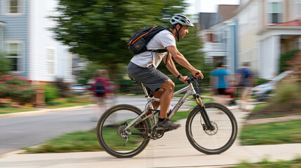 Fototapeta premium Man actively cycling a mountain bike on a city sidewalk with motion blur in a residential area, showcasing a healthy urban commute and dynamic outdoor exercise