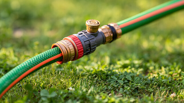 Leaking garden hose connection on green grass showing water waste, inefficiency, and the need for maintenance in backyard irrigation systems, copy space