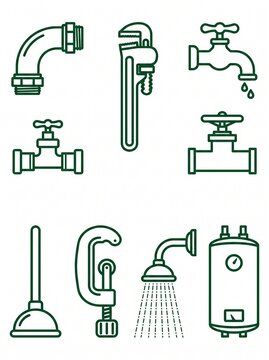 Set of plumbing icons featuring tools and water fixtures for home