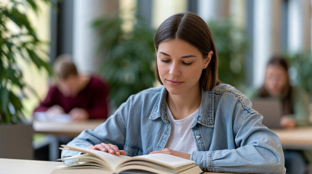 Young woman engrossed in reading a book at a modern university library, deeply focused on learning and acquiring knowledge for education and academic study