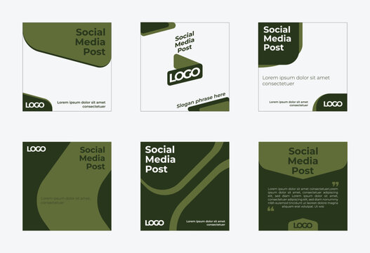 Social Media Post Vector Template Set Six Variations Modern Bold Typography Logo Placeholder Curved Shapes Dashed Lines Square Format Marketing Design