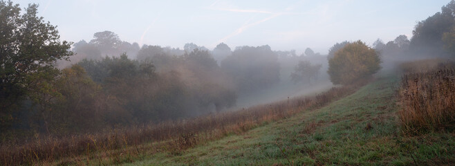Naklejka premium Über den Feldern am Waldrand liegt der Dunst und Nebel über der Landschaft