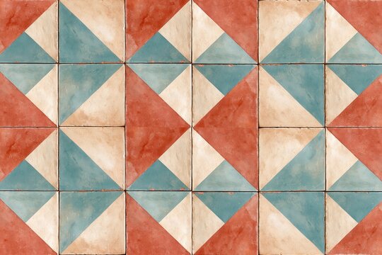 Geometric tile pattern with red, beige and teal triangles on square tiles