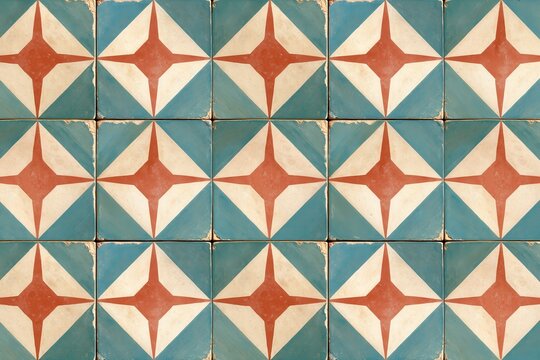 Vintage geometric tile pattern with red star motifs on teal and cream background