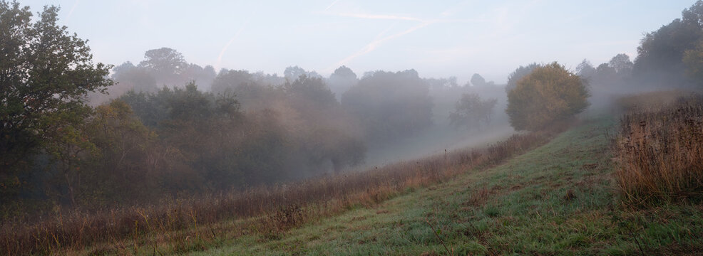 &Uuml;ber den Feldern am Waldrand liegt der Dunst und Nebel &uuml;ber der Landschaft