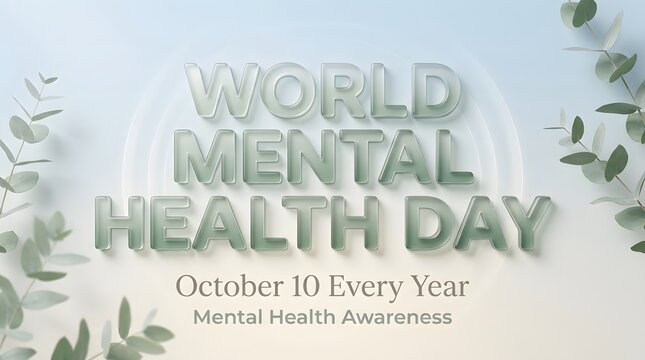 World mental health day text with eucalyptus leaves soft pastel background