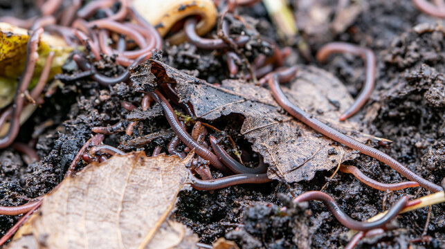 Earthworms actively composting organic matter in rich garden soil, contributing to natural fertilization and healthy ecosystem in an outdoor macro view