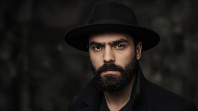 Mysterious man gazes intensely into camera. Dark hat and beard frame his stern expression. Shadowy background enhances dramatic, moody atmosphere. Portrait conveys intrigue and quiet confidence