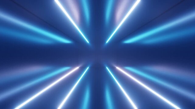 Endless corridor with neon lines tending up and moving forward a concrete corridor illuminated with blue neon lights. Futuristic abstract colorful background in bright neon blue colors. 3d animation