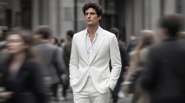 Man in crisp white suit stands confidently on city street. Background bustle blurred, emphasizing his poised presence. Neutral expression, focused gaze, exudes calm authority