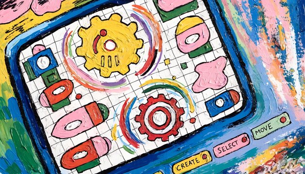 Creative digital design software interface with gear icons and colorful UI buttons in oil pastel painting style