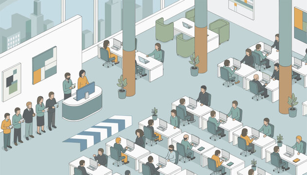 Busy isometric corporate office interior populated with workers at white desks, a reception area, and city views.