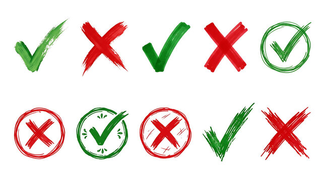 Set of green and red approval and rejection checkmarks and crosses