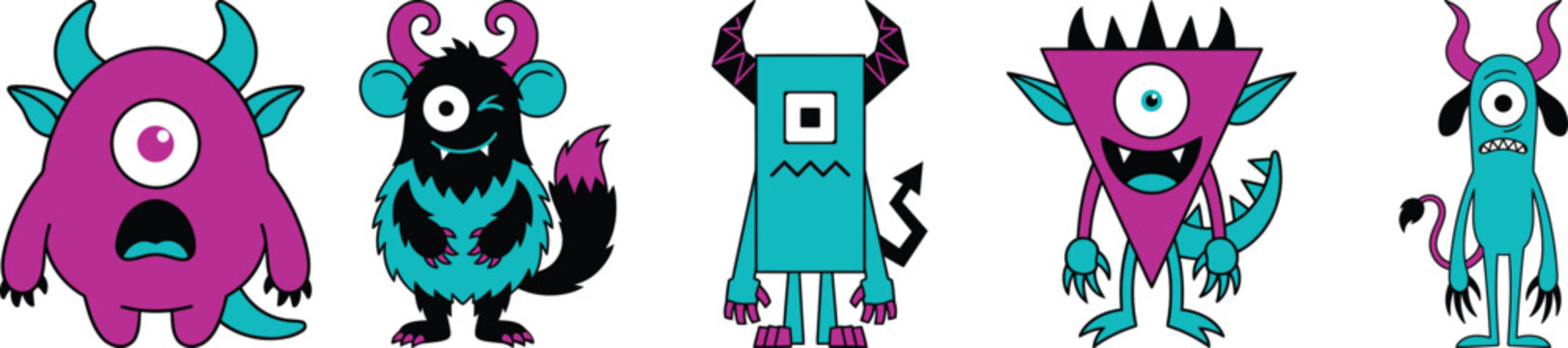 Colorful cartoon monsters with devil horns standing in a row Vector