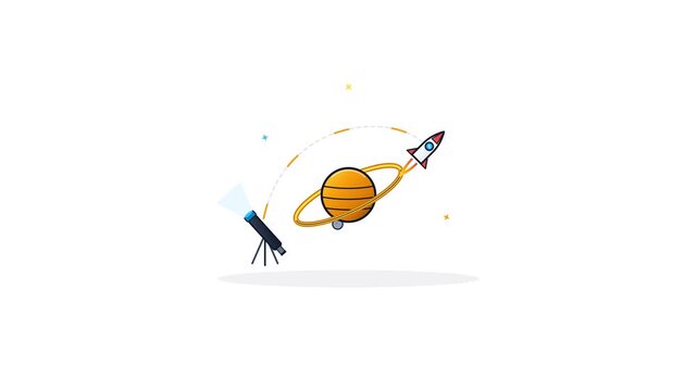 Astronomy and space exploration animation featuring a cartoon rocket orbiting a ringed planet with a telescope observing the universe, perfect for science education and discovery concepts.
