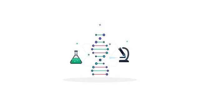 Biotechnology and genetic research concept illustration featuring a DNA double helix structure, laboratory conical flask, and microscope for scientific study, medical analysis, and biotech loop.