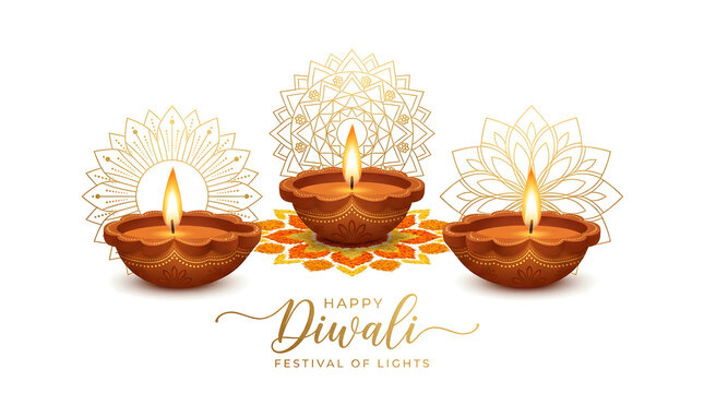 Happy diwali celebration concept with burning oil lamps and golden mandala background diwali lamp diya lamp